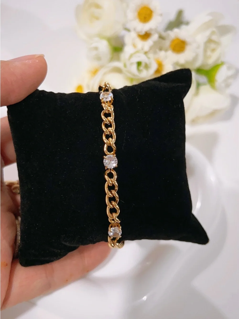 Gold Plated Chain Bracelet with CZ Stones  - Women Jewelry
